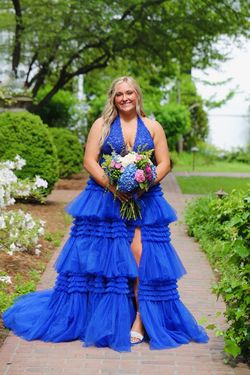 Style 56206 Sherri Hill Blue Size 16 Plus Size Side Slit Lace 56206 Short Height Ball gown on Queenly