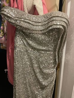Nicole Bakti Silver Size 8 Pageant Floor Length Side slit Dress on Queenly