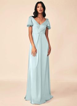 Azazie Blue Size 12 Floor Length Jersey V Neck Tall Height A-line Dress on Queenly