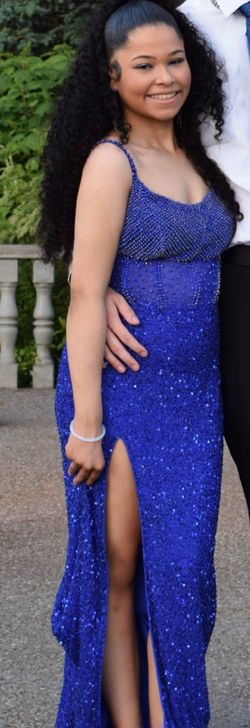 Style 11448 Ashley Lauren Blue Size 8 Square Prom Side slit Dress on Queenly