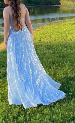 Sherri Hill Blue Size 10 Floor Length Jersey Short Height Ball gown on Queenly