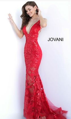 Style 60283 Jovani Red Size 8 V Neck Floor Length Sequined Mermaid Dress on Queenly
