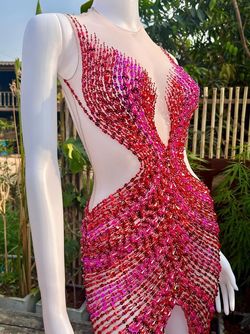 Thai Designer Red Size 0 Medium Height Custom Plunge A-line Dress on Queenly