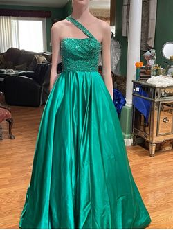 Style 51607 Sherri Hill Green Size 0 Halter 51607 Pageant Jersey Ball gown on Queenly
