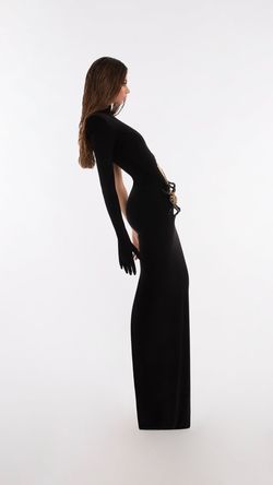 Style AD5711 Albina Dyla Gold Size 4 Tall Height Black Tie Side slit Dress on Queenly