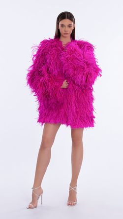 Style AD5808 Albina Dyla Pink Size 0 Feather Sleeves Tall Height Straight Dress on Queenly