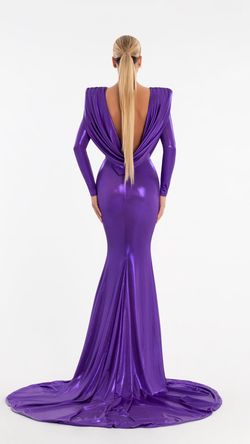 Style AD6010 Albina Dyla Gold Size 8 Black Tie Violet Sleeves Tall Height Straight Dress on Queenly