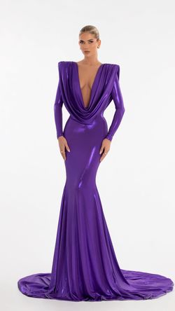Style AD6010 Albina Dyla Gold Size 8 Black Tie Violet Sleeves Tall Height Straight Dress on Queenly