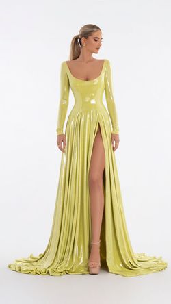 Style AD6006 Albina Dyla Yellow Size 8 Black Tie Tall Height Sleeves Side slit Dress on Queenly