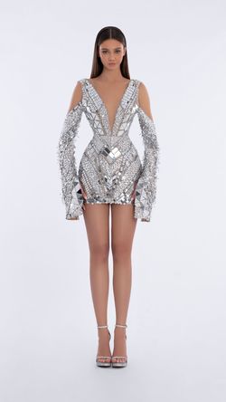 Style AD5806 Albina Dyla Silver Size 0 Long Sleeve Jewelled Tall Height Cocktail Dress on Queenly