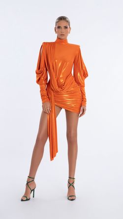 Style AD6015 Albina Dyla Orange Size 0 High Neck Sleeves Cocktail Dress on Queenly