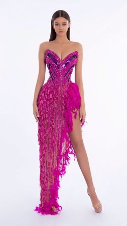 Style AD5819 Albina Dyla Pink Size 0 Floor Length Feather Tall Height Side slit Dress on Queenly
