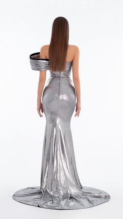 Style AD6107 Albina Dyla Silver Size 4 Shiny Straight Dress on Queenly