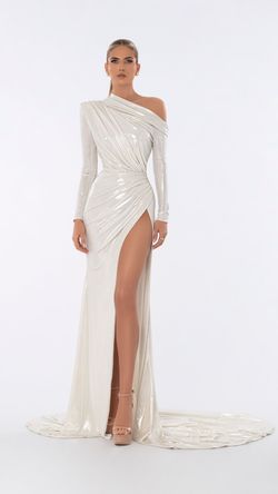 Style AD6002 Albina Dyla White Size 4 Tall Height Ad6002 Jersey Side slit Dress on Queenly