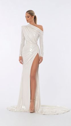 Style AD6002 Albina Dyla White Size 4 Ad6002 Sleeves Tall Height Side slit Dress on Queenly