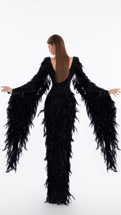 Style AD5818 Albina Dyla Black Size 4 Feather Sleeves Tall Height Side slit Dress on Queenly