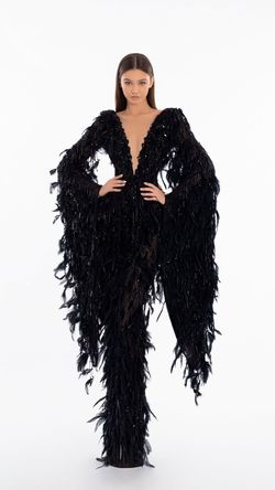 Style AD5818 Albina Dyla Black Size 4 Feather Sleeves Tall Height Side slit Dress on Queenly