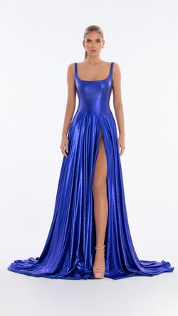 Style AD6008 Albina Dyla Blue Size 4 Shiny Side slit Dress on Queenly