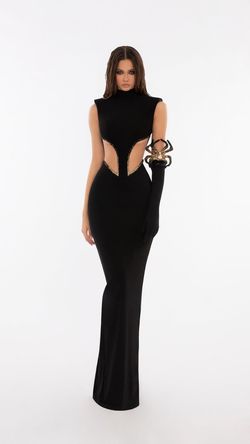 Style AD5708 Albina Dyla Gold Size 12 Ad5708 Black Tie Tall Height Side slit Dress on Queenly