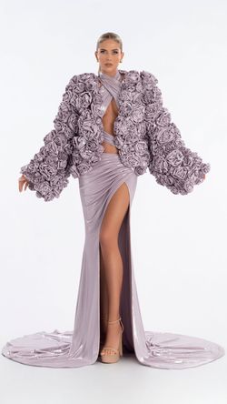 Style AD6014 Albina Dyla Purple Size 0 Long Sleeve Jersey Floral Side slit Dress on Queenly