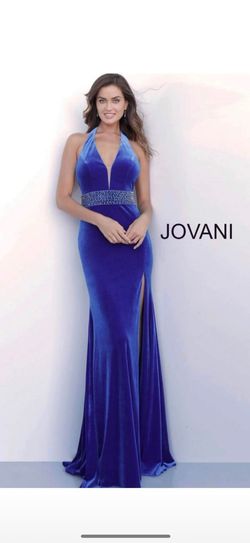 Jovani Blue Size 6 Velvet Formal Prom Halter Side slit Dress on Queenly