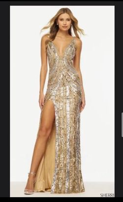 Style 56316 Sherri Hill Gold Size 6 Prom Floor Length Tall Height Side slit Dress on Queenly