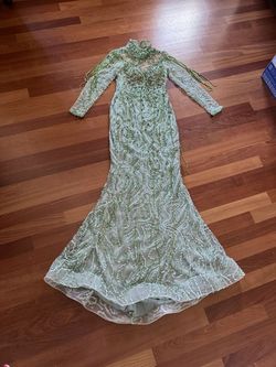 Baron Light Green Size 8 Long Sleeve Tulle High Neck Mermaid Dress on Queenly