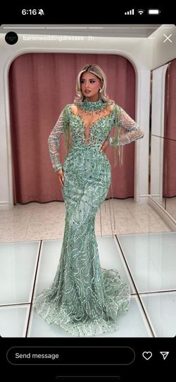 Baron Green Size 8 Jersey Long Sleeve Sequined Prom Tall Height Mermaid Dress on Queenly