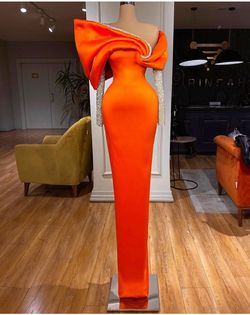 Valdrin Sahiti Orange Size 4 Tall Height Sleeves Jersey Sheer Mermaid Dress on Queenly