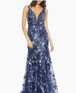 Mac Duggal Blue Size 12 Floral Jersey Sequined Prom Mermaid Dress on Queenly