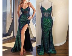 Style Green & Teal Blue Sequined Corset Prom Homecoming Dress Green Size 4 Mermaid Dress on Queenly