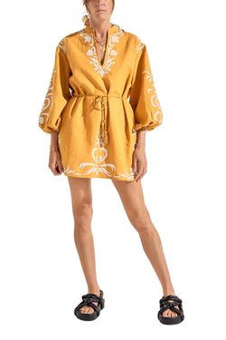 Style 1-1180036896-149 Ilio Nema Yellow Size 12 Sleeves Pockets Mini Cocktail Dress on Queenly