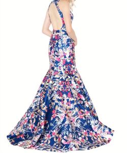 Style 1-282468041-649 MAC DUGGAL Blue Size 2 Backless Floral Print Polyester Military Mermaid Dress on Queenly