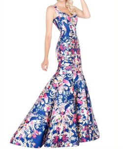Style 1-282468041-649 MAC DUGGAL Blue Size 2 Backless Floral Print Polyester Military Mermaid Dress on Queenly