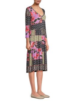 Style 1-4023523893-70 Johnny Was Black Size 0 Spandex V Neck Tea Length Cocktail Dress on Queenly