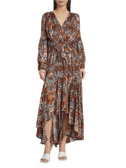 Style 1-998154624-70 ELLIATT Brown Size 0 Bell Sleeves High Low Print Sleeves Straight Dress on Queenly