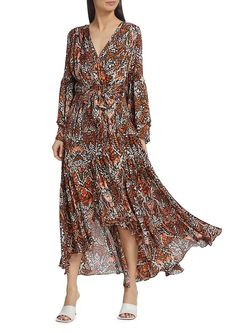 Style 1-998154624-70 ELLIATT Brown Size 0 Bell Sleeves High Low Print Sleeves Straight Dress on Queenly