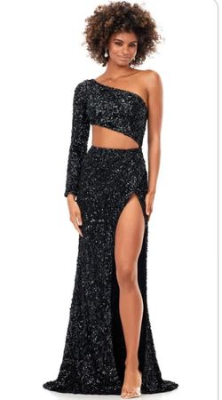 Style 11340 Ashley Lauren Black Size 18 Jersey Long Sleeve Sequined Prom Side slit Dress on Queenly