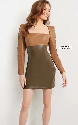 Style 09585 Carmel Jovani Brown Size 8 Nightclub Long Sleeve Mini Sleeves Cocktail Dress on Queenly