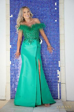 Style 241E2490 Terani Couture Green Size 16 Black Tie Tall Height Side slit Dress on Queenly