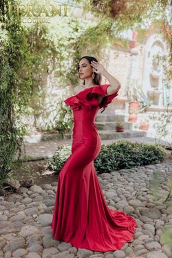 Style 232E1289 Terani Couture Red Size 6 232e1289 Floor Length Jersey Military Mermaid Dress on Queenly