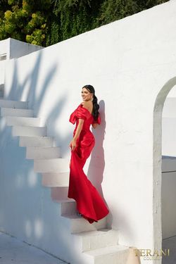 Style 241E2413 Terani Couture Red Size 8 Silk Black Tie Tall Height Side slit Dress on Queenly