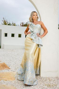 Style 241E2402 Terani Couture Gold Size 22 Floor Length Plus Size Side slit Dress on Queenly