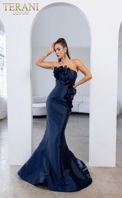 Style 241E2512 Terani Couture Blue Size 4 Floor Length Silk Mermaid Dress on Queenly