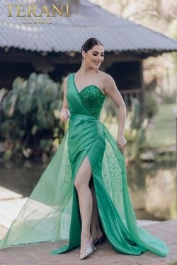 Style 232E1229 Terani Couture Green Size 4 Pageant Floor Length Tall Height Side slit Dress on Queenly