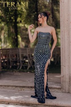 Style 232E1261 Terani Couture Blue Size 12 Black Tie Navy Tall Height Side slit Dress on Queenly