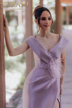 Style 232M1534 Terani Couture Purple Size 10 Floor Length Silk Jersey Side slit Dress on Queenly