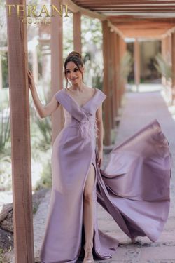 Style 232M1534 Terani Couture Purple Size 10 Tall Height 232m1534 Jersey Side slit Dress on Queenly