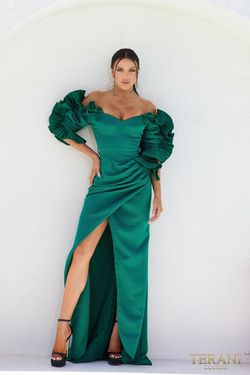 Style 232M1510 Terani Couture Green Size 12 Satin Tall Height 232m1510 Side slit Dress on Queenly