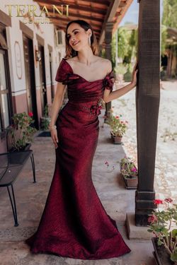 Style 232M1518 Terani Couture Red Size 14 Shiny 232m1518 Burgundy Side slit Dress on Queenly